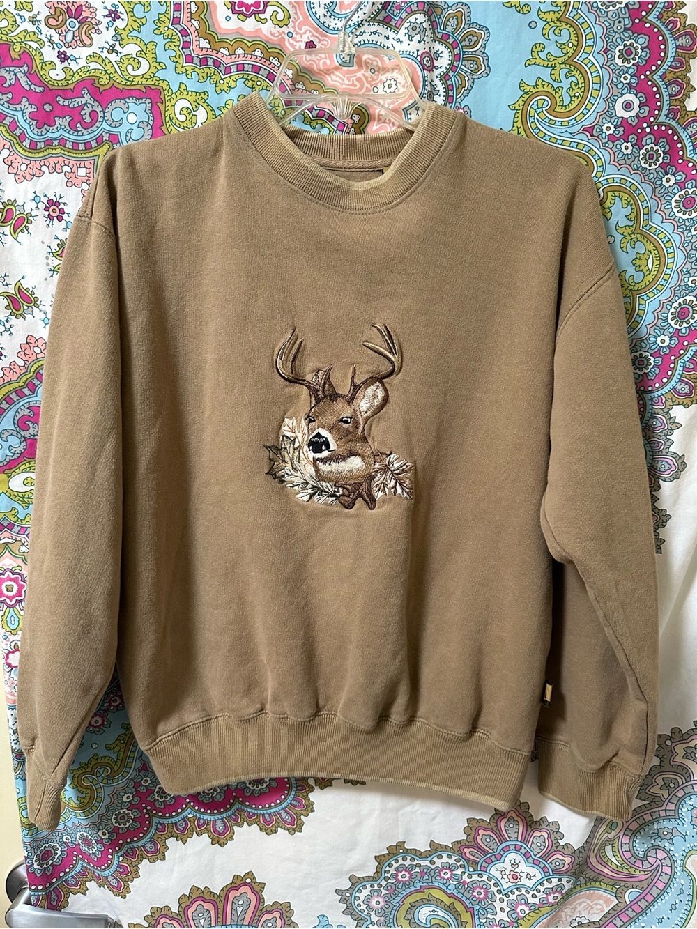 Outdoor Life Tan Crewneck Sweater with Deer Embroidery